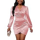 Yajedo Women's Sexy V Neck Long Sleeve Satin Dress 2026 Club Elegant Cocktail Wedding Guest Mini Sheath Bodycon Dresses