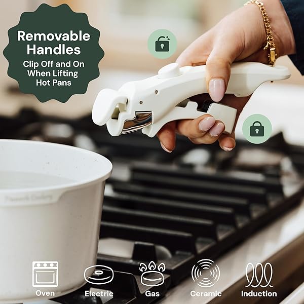 PINNACLE COOKERY 15-PIECE WHITE GRANITE NONSTICK COOKWARE SET – DETACHABLE HANDLES & TEMPERED GLASS LIDS – STACKABLE & COOL-TOUCH – INDUCTION & OVEN SAFE TO 480°F – SCRATCH-RESISTANT, PFOA & PFOS-FREE