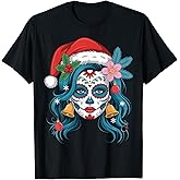 Christmas Sugar Skull Art Woman Santa Hat Festive Design T-Shirt