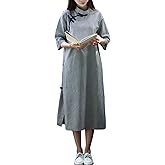 LUZU JUNU Women's Retro Chinese Cheongsam Cotton Linen Plaid Dress Side-Slit Casual Style