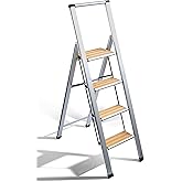 Step Ladder 4 Step Folding, Decorative - Beautiful Bamboo & Silver Aluminum, Ultra Slim Profile, Anti Slip Steps, Sturdy-Port