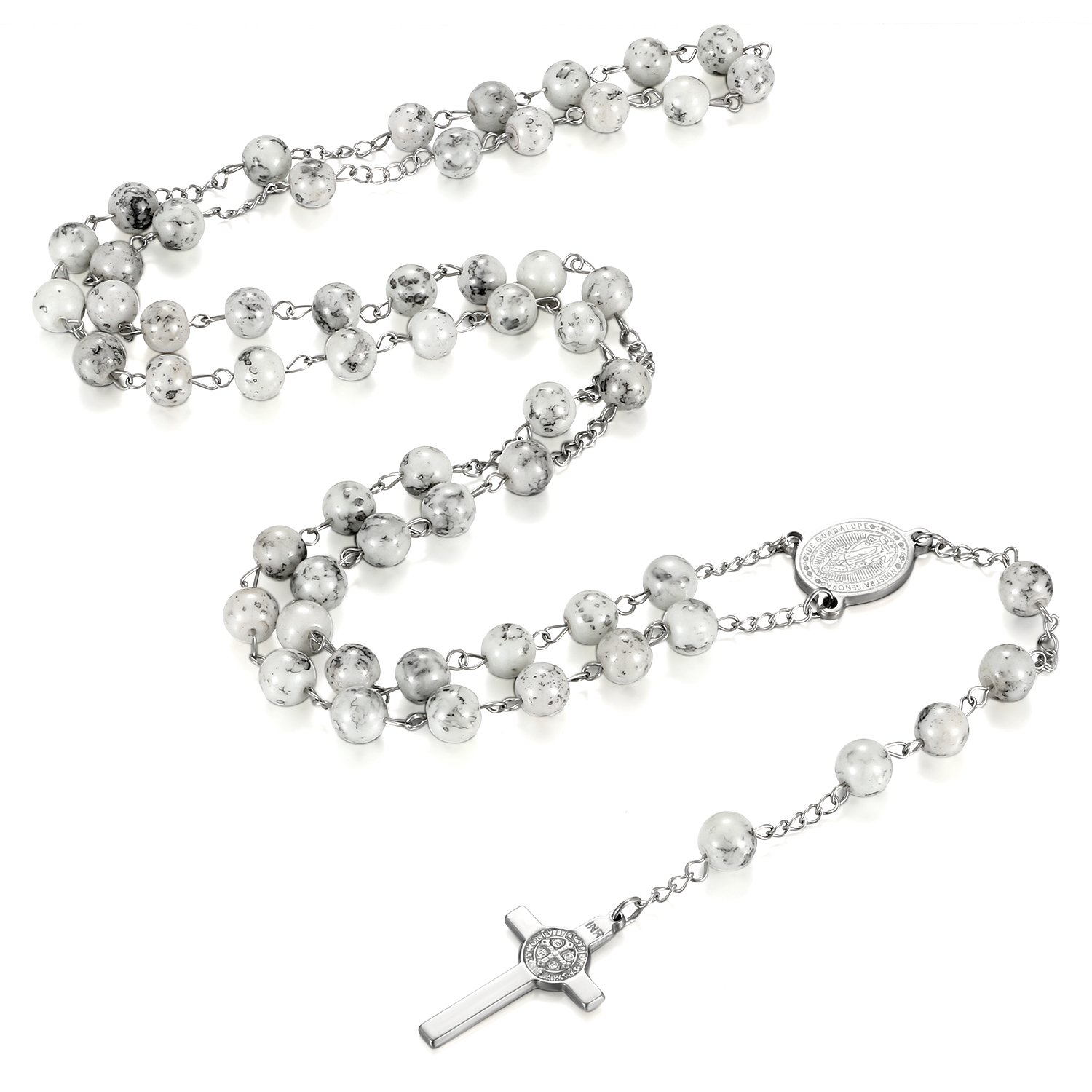 Flongo Men's Women's Vintage Stainless Steel Black Glass Beads Jesus Christ Cross Rosary Pendant Necklace, 33 inch