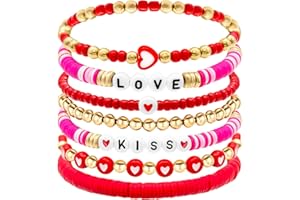 Ronglry 7pcs Valentine's day Bracelet for Women Clay Bead Bracelet Heishi Surfer Bracelets Set Love Heart Valentine's day beaded Bracelets Bulk Cute Pink Red Stackable Stretch Bracelets for Valentines Day Accessories Jewelry Gifts