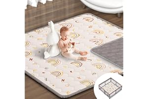 IEBABAY Boho Rainbow Baby Play Mat 50" X 50" Playpen Mat Thicken One-Piece Baby Crawling Mat Non-Slip Cushioned Baby Floor Mat with Lettters, Activity Playmats for Infants, Babies, Toddlers (50X50,Beige)