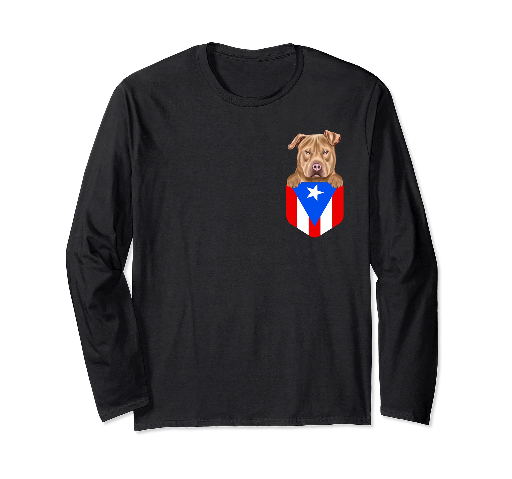 Puerto Rico Flag Usa Staffordshire Terrier Dog In Pocket Long Sleeve T-Shirt
