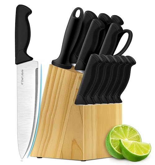 Knife Set, 14-Piece Kitchen Knife Set with Wooden Block, High Carbon Stainless Steel Knives, Ergonomic Handles, Includes Steak Knives, Sharpening Rod, Kitchen Shears