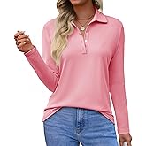 Tankaneo Womens Long Sleeve Polo Shirts Business Work Casual V Neck Collared Tops Button Down Loose Fit Tees Shirts
