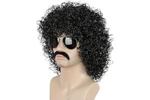 yuehong Black Curly Fluffy Jumbo 70s Afro Wig 80s Rocker Disco Party Costume Hair Heat Resistant Synthetic Fibers Soft Durable Breathable Wig with Mustache