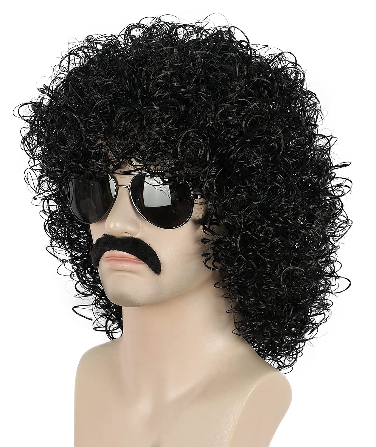 Yuehong Men Black Curly Fluffy Jumbo Afro Wig 70s 80s Rocker Disco Party Costume Hair Heat Resistant Synthetic Fibers Soft Durable Breathable Wig with Mustache