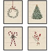 TFKFJLF Vintage Christmas Tree Wall Art Poster Decor, Candy Cane Painting Pictures Decor Wall Art, Rustic Christmas Decorations for Bathroom Living Room Office Bedroom, Unframed 8x10in Set of 4