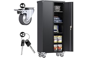 SUXXAN Tall Garage Metal Storage Cabinet with Wheel for Home Garage/Adjustable Shelves, Lockable, Stiffener and Bumpers Design (Black)