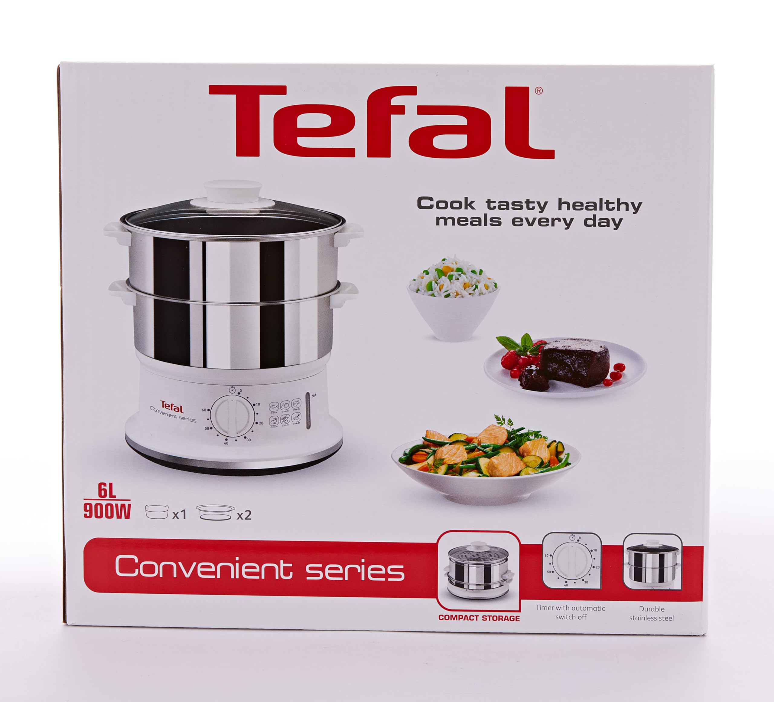 Tefal VC1451 Steam Cooker, 2 Stainless Steel Containers, 6 L Capacity, 24 cm Diameter, Timer and Automatic Shut-off, 900 W