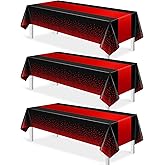 MASHAN 3Pcs Black and Red Tablecloth Party Decorations,Plastic Black Table Cloth Printed Red Table Runner Disposable Rectangle Cover for Birthday Weeding Anniversary Graduation Party,54 x108 Inch