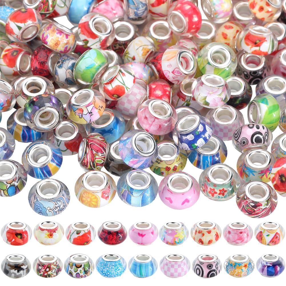 SOFPLATE 1 Box 120Pcs 14mm Large Hole Resin Beads European Bead Silver Brass Double Cores Lampwork Spacer Charms Rondelle European Loose Beads for Beading Jewellery Making Necklace Bracelet Pens Craft