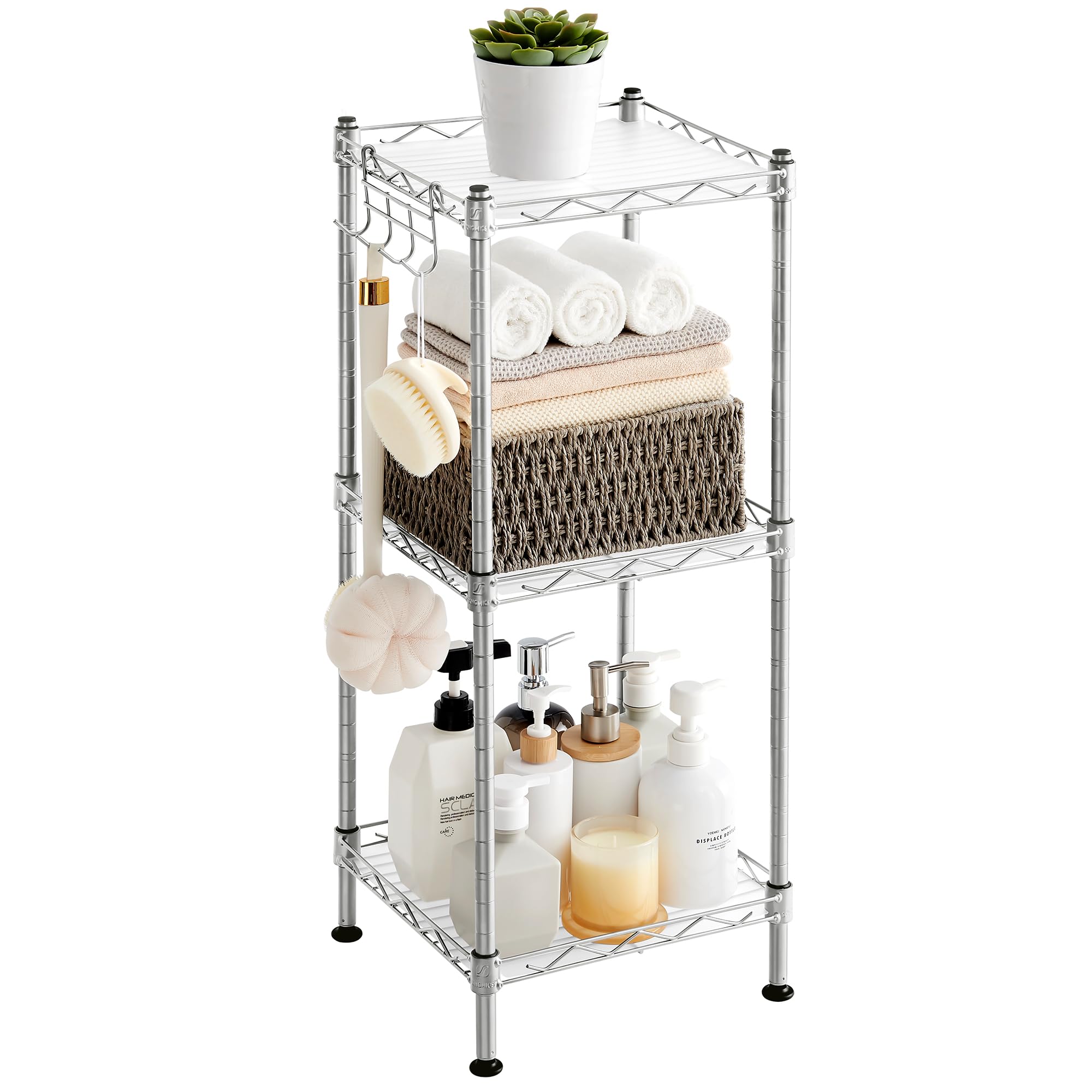 SONGMICS 3-Tier Bathroom Shelf, Storage Rack for Small Space, with 3 PP Shelf Liners, Removable Hook, Extendable Design, Silver and Translucent ULGR103E01 Image SONGMICS 3-Tier Bathroom Shelf, Storage Rack for Small Space, with 3 PP Shelf Liners, Removable Hook, Extendable Design, Silver and Translucent ULGR103E01 Image