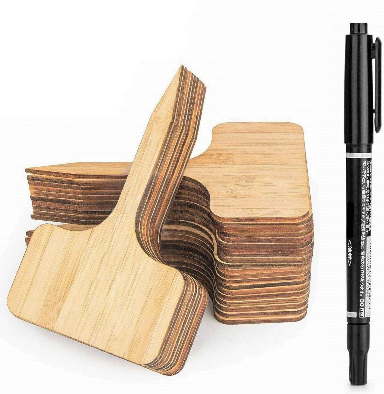 LATERN 50Pcs Bamboo Plant Labels, 10 x 6 cm T-Type Wooden Plant Sign Tags Eco-Friendly Garden Markers for Seed Potted Herbs Flowers Vegetables - with A Marker Pen