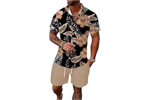 GORGLITTER Men's Hawaiian Matching Set Summer Beach 2 Piece Outfits Flower Button Down Shirts and Shorts Set