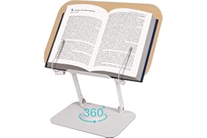 CJC Book Holder for Reading, Adjustable Cookbook Stand with 360° Swivel Base Foldable Recipe Book Stand Portable Bookstands Document Holder with Page Clips for Tablet Office Textbook Kindle (Wood Color)