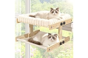 Cat Perch for Window XiaZ Cats Hammock Indoor Cat Bed for Window Wall Shelves Adjustable 50LB Bearing Wooden Frame W/Detachable Washable Cushion Perfect for Bird Watching Sunbathing Double Layer