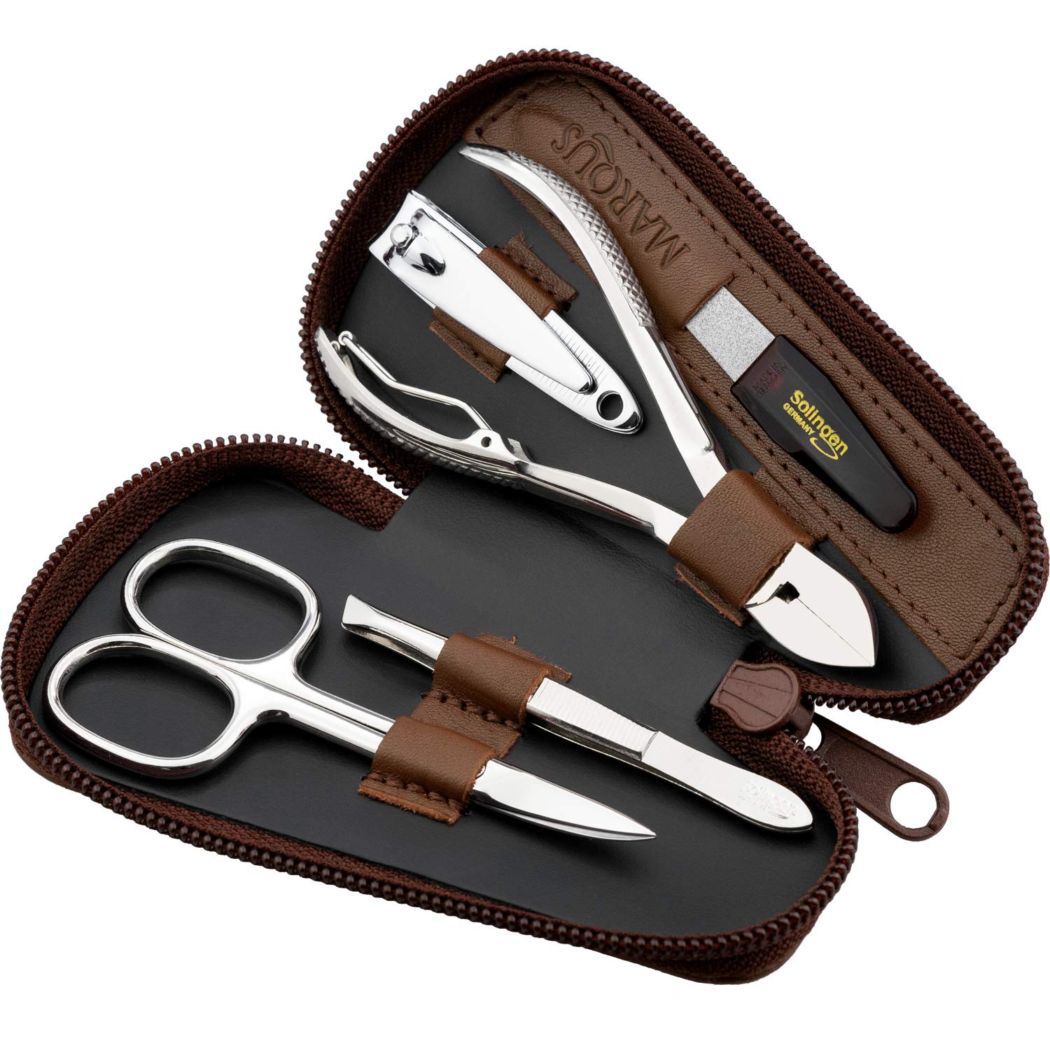 Marqus Manicure Set for Women and Men - 5-Piece Grooming Kit with Nail Nippers and Clippers - Real Leather Case - Perfect for Travelling or as a Gift, Brown