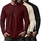Huukeay 3 Pack Men’s Big and Tall Shirts, Long Sleeve Crew Neck Pocket Tops Casual Loose Fit T-Shirts Lightweight Basic Tee