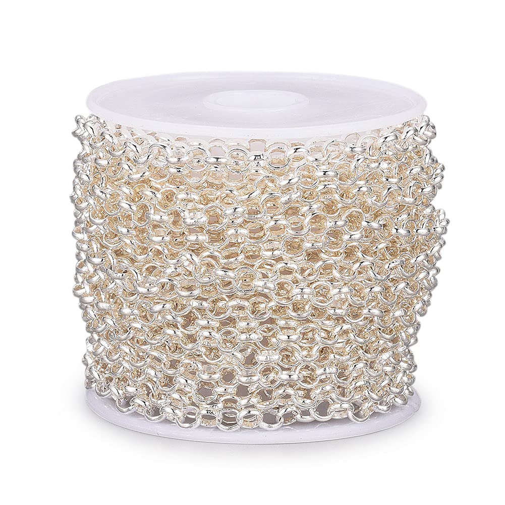 Beadthoven 16.4Ft Silver Round Belcher Chains 4mm Diameter Brass Cross Rolo Chains Necklace with Spool for Bracelet Anklets Choker Jewelry Making