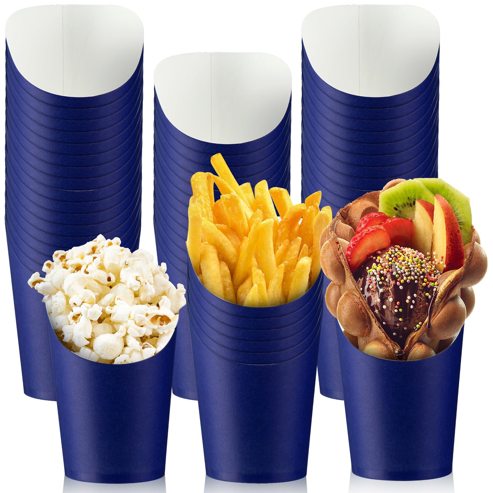 Photo 1 of Amyhill 200 Pcs French Fries Holder 14 oz Charcuterie Cups Disposable Take out French Cups Waffle Paper Popcorn Boxes Disposable Sandwich Paper Holder for Wedding Birthday(Blue)
