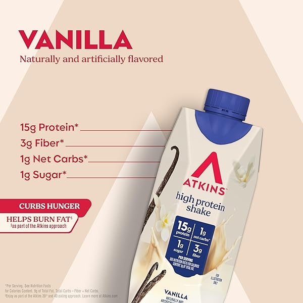 ATKINS VANILLA HIGH PROTEIN SHAKE, 15G PROTEIN, LOW GLYCEMIC, LOW CARB AND LOW SUGAR PROTEIN SHAKES, KETO FRIENDLY READY TO DRINK SHAKES, 12 VANILLA FLAVORED PROTEIN SHAKES