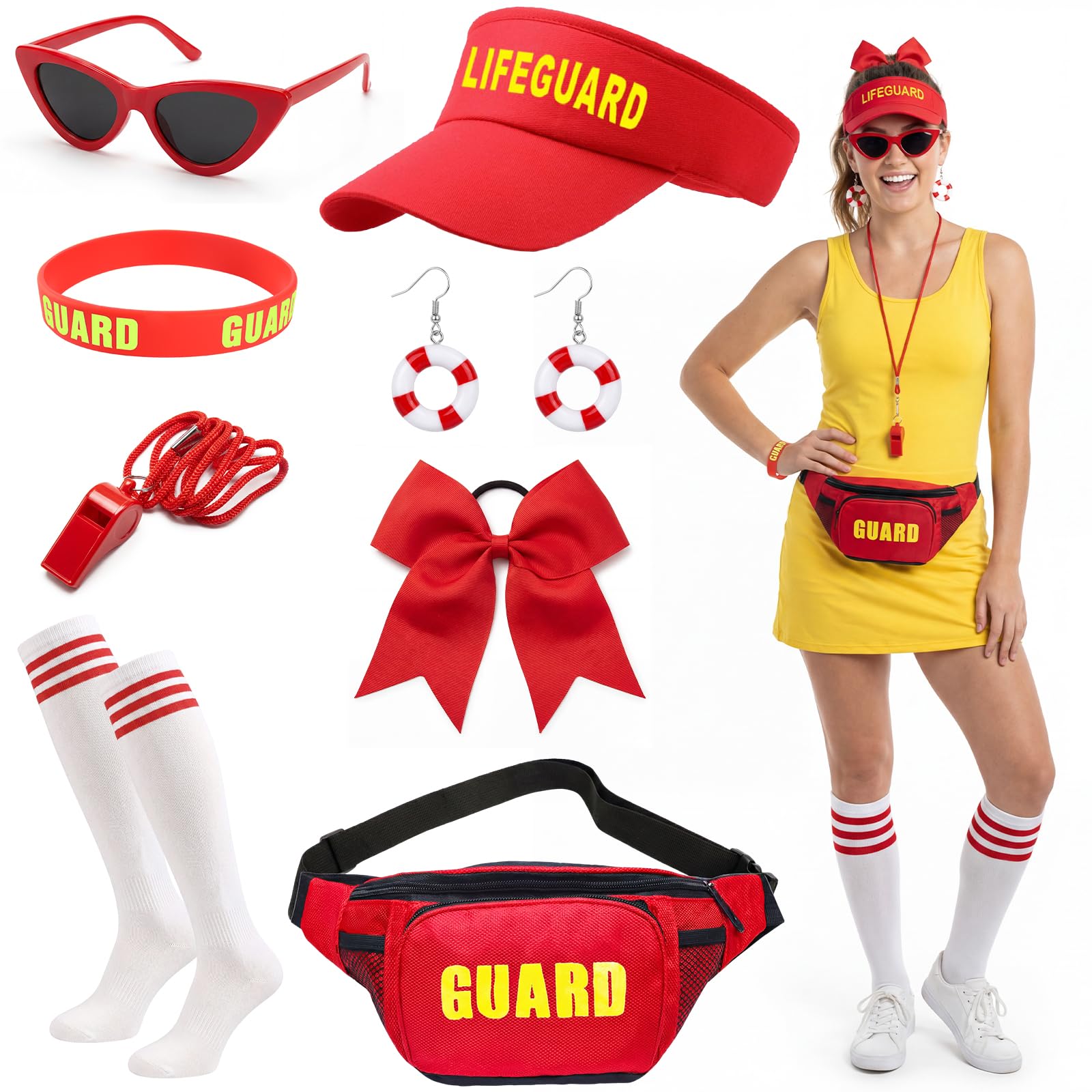 Kyndara 8Pcs Lifeguard Costume Set for Women, Lifeguard Accessories Kit with Hat Fanny Pack Socks Earrings Whistle Sunglasses Headband Wristband for Adults Beach Pool Cosplay Party