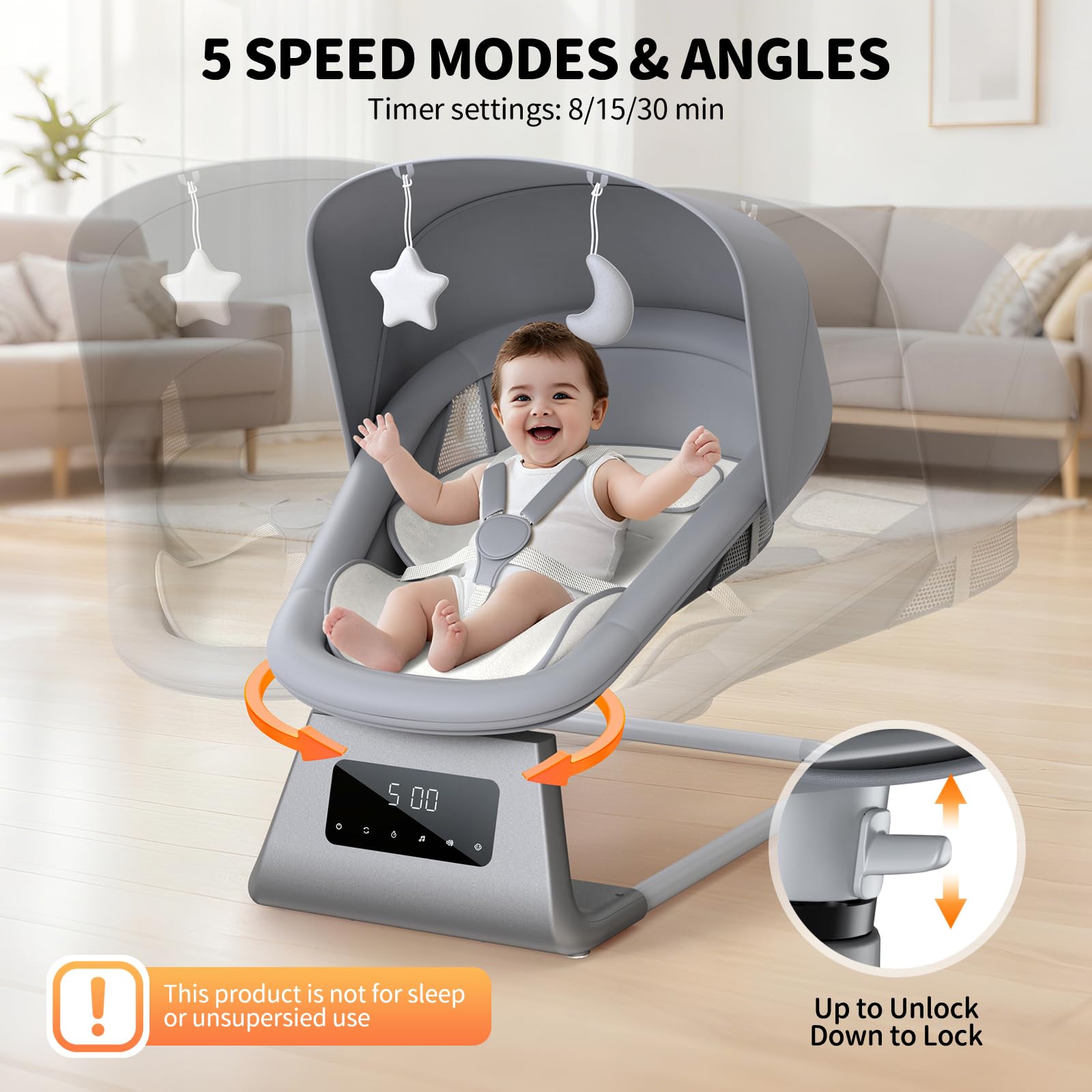 pudult Baby Swing, Electric Baby Rocker for Newborns with 3 Timer Functions, 5 Rocking Speeds, 11 Preset Lullabies and Bluetooth, 5-Point Harness, Suitable for Babies 0-6 Months, Up to 30 lbs