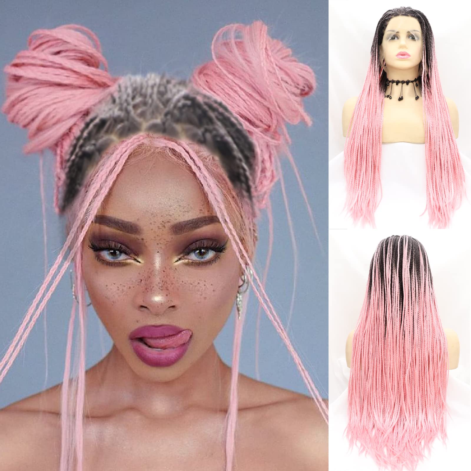 Pink Braid Lace Front Wig Braided Hair Wigs Synthetic Hair Realistic Long Ombre Peach Pink Braided Wigs for Black Women Heat Resistant Fiber Afro Drag Queen Cosplay Party Braids Wig 26Inch