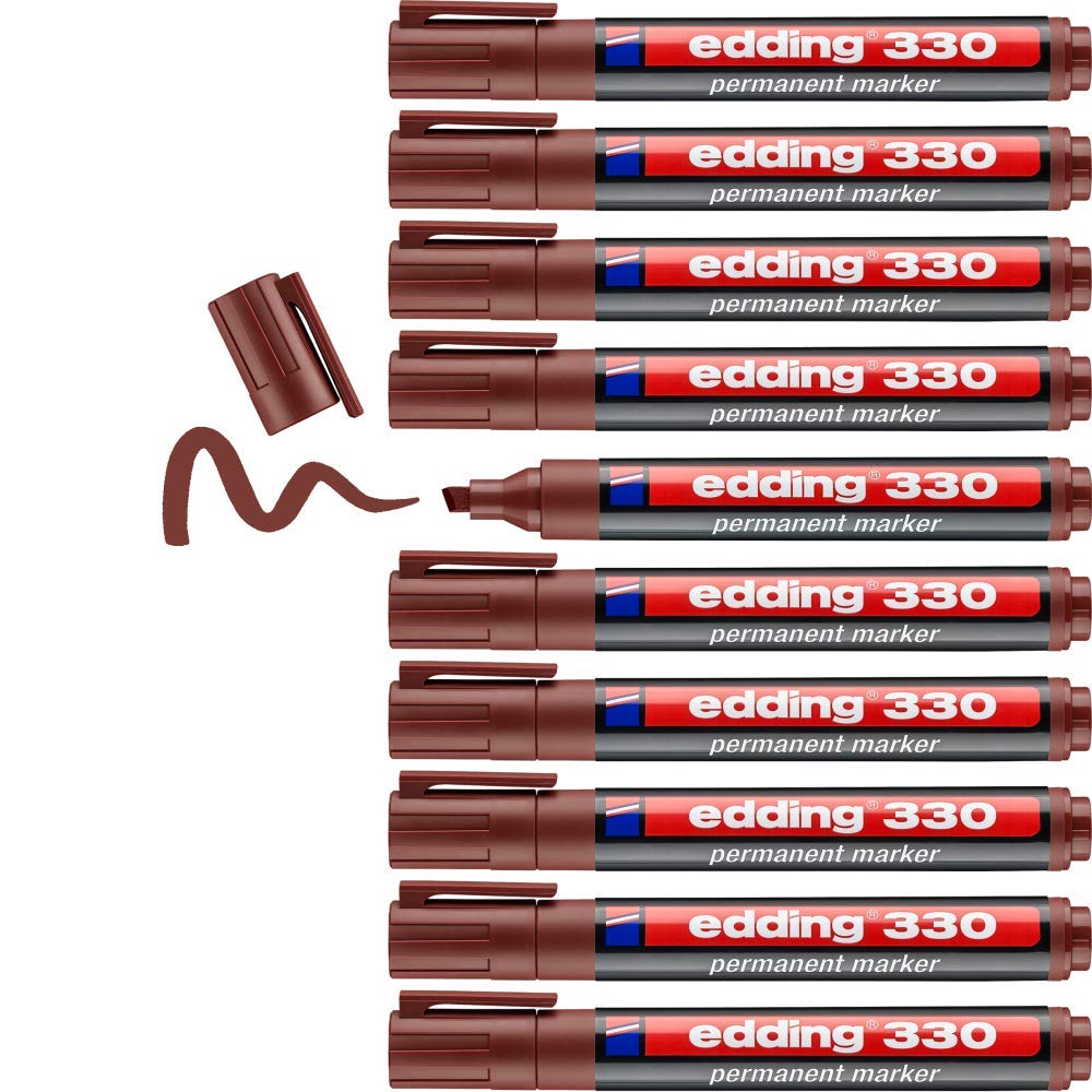 edding 330 permanent marker - brown - 10 pens - chisel tip 1-5 mm - waterproof, quick-drying, smear-proof pens - for cardboard, plastic, glass, wood, metal and fabric