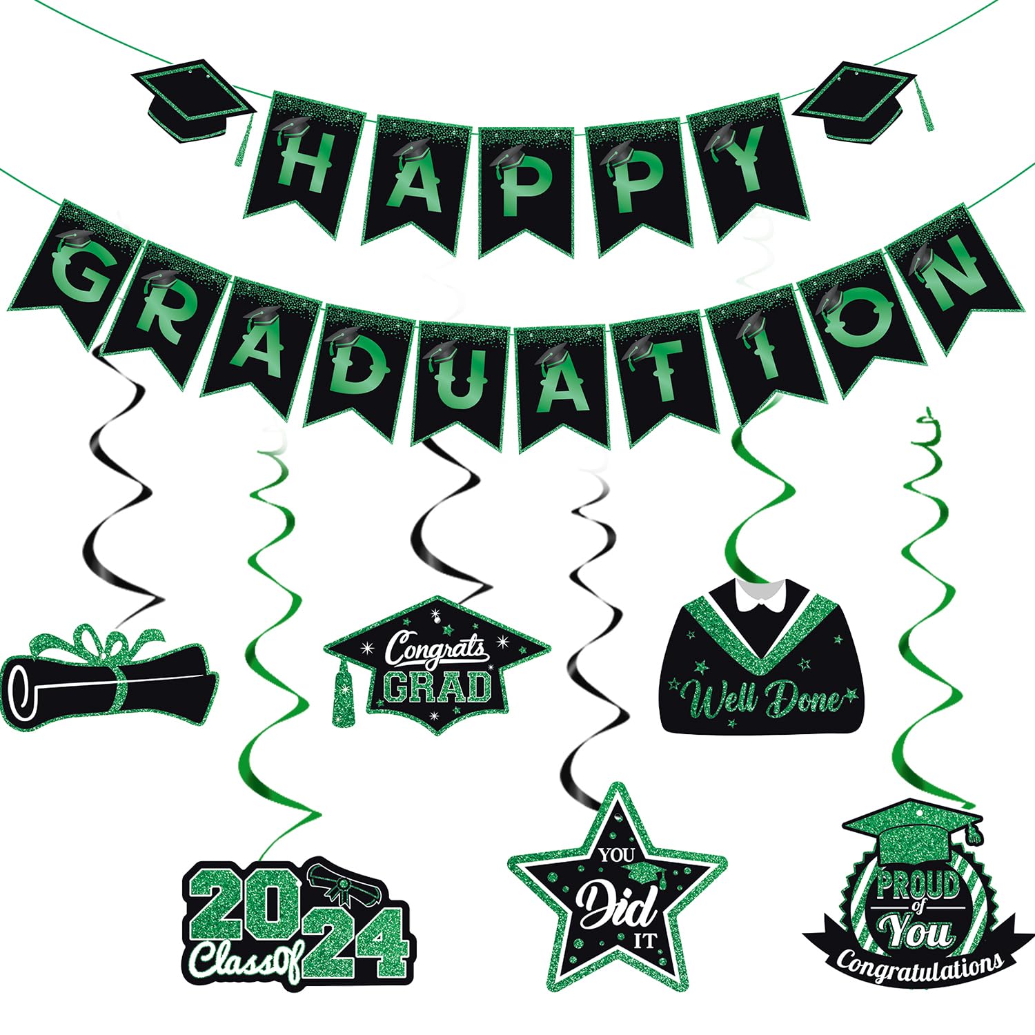 Elicola Happy Graduation Bunting Banner Grad Hat With 6PCS Graduation Hanging Swirls Garland You Did It for Class of 2024 Party Decorations (Green)