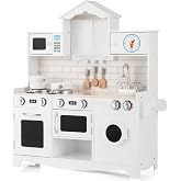 Costzon Play Kitchen for Kids, Wooden Kids Kitchen Playset w/Real Sound | Pretend Play Kitchen w/ Microwave, Windows, Clock, Sink, Large Storage Space, Kids Kitchen Playset for Boys Girls 3+