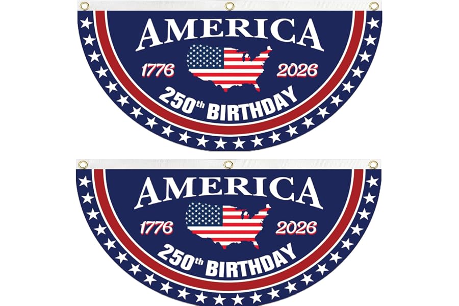 WENWELL 250 Year Anniversary Patriotic Fan Bunting Banner 1776–2026, USA Map Flag Design with Stars, 3x6 FT Large Outdoor Decoration, Brass Grommets, 2 Pack