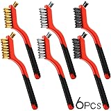 Wire Brush Set, 6 Pcs Brass/Stainless Steel/Nylon Wire Brushes for Cleaning with Curved Handle Grip for Rust Removal, Dirt, P