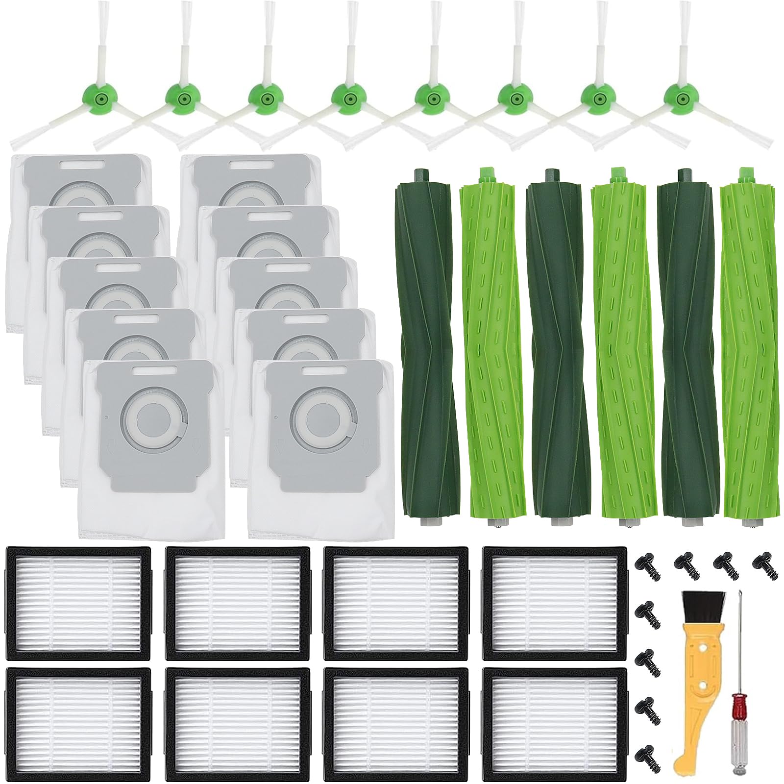Katerelis 29 Pack Compatible with E/i/j Series Replacement Parts, E5 E6 E7 i2 i3 i3+i4 i4+ i6 i6+ i7 i7+ i8 i8+/Plus, 3 sets of multi-surface rubber roller brush 8 filters 8 side brushes 10 bags