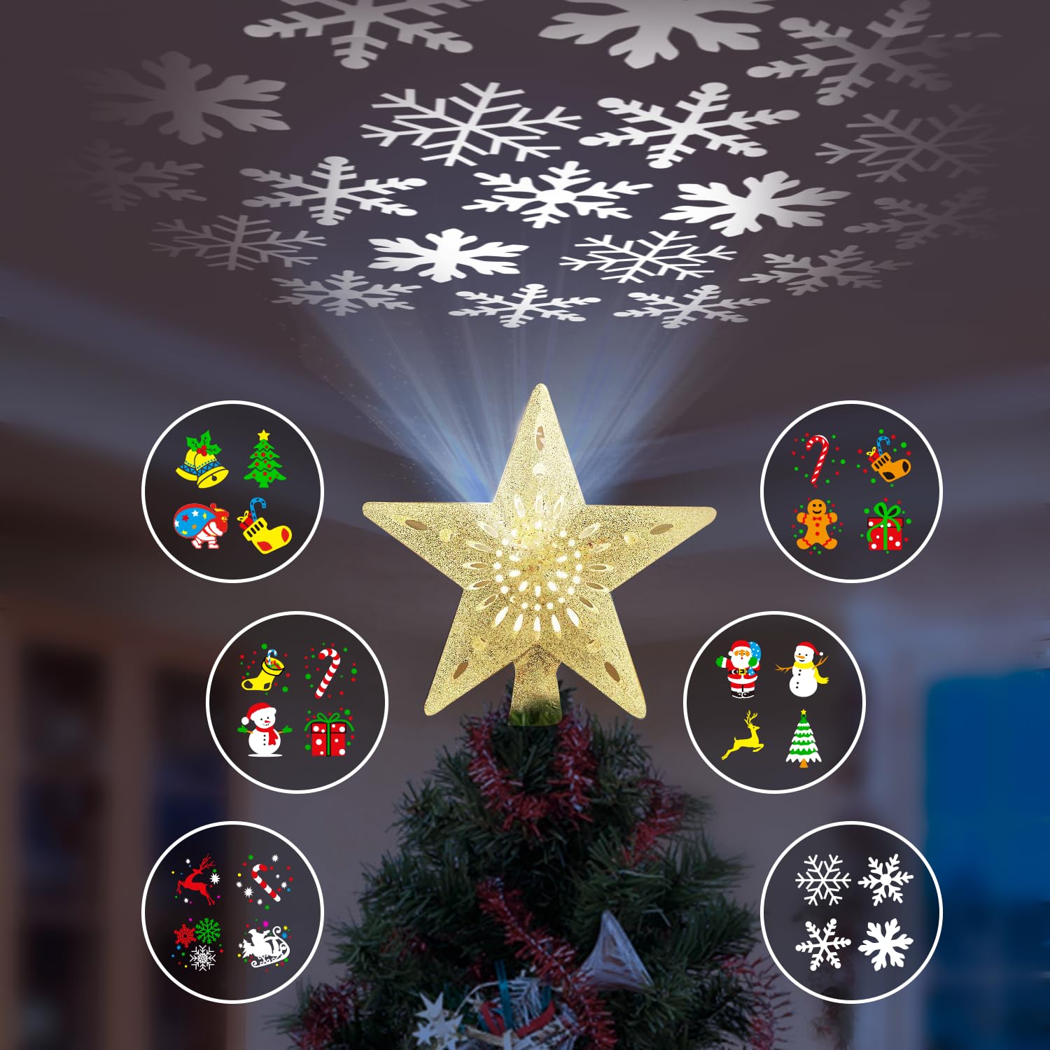 Photo 1 of DG-Direct Christmas Tree Topper Lighted Star with 6 Projected Patterns,3D Hollow Sparkling Star Christmas Tree Topper with Rotating Magic Projector for Christmas Tree Ornament