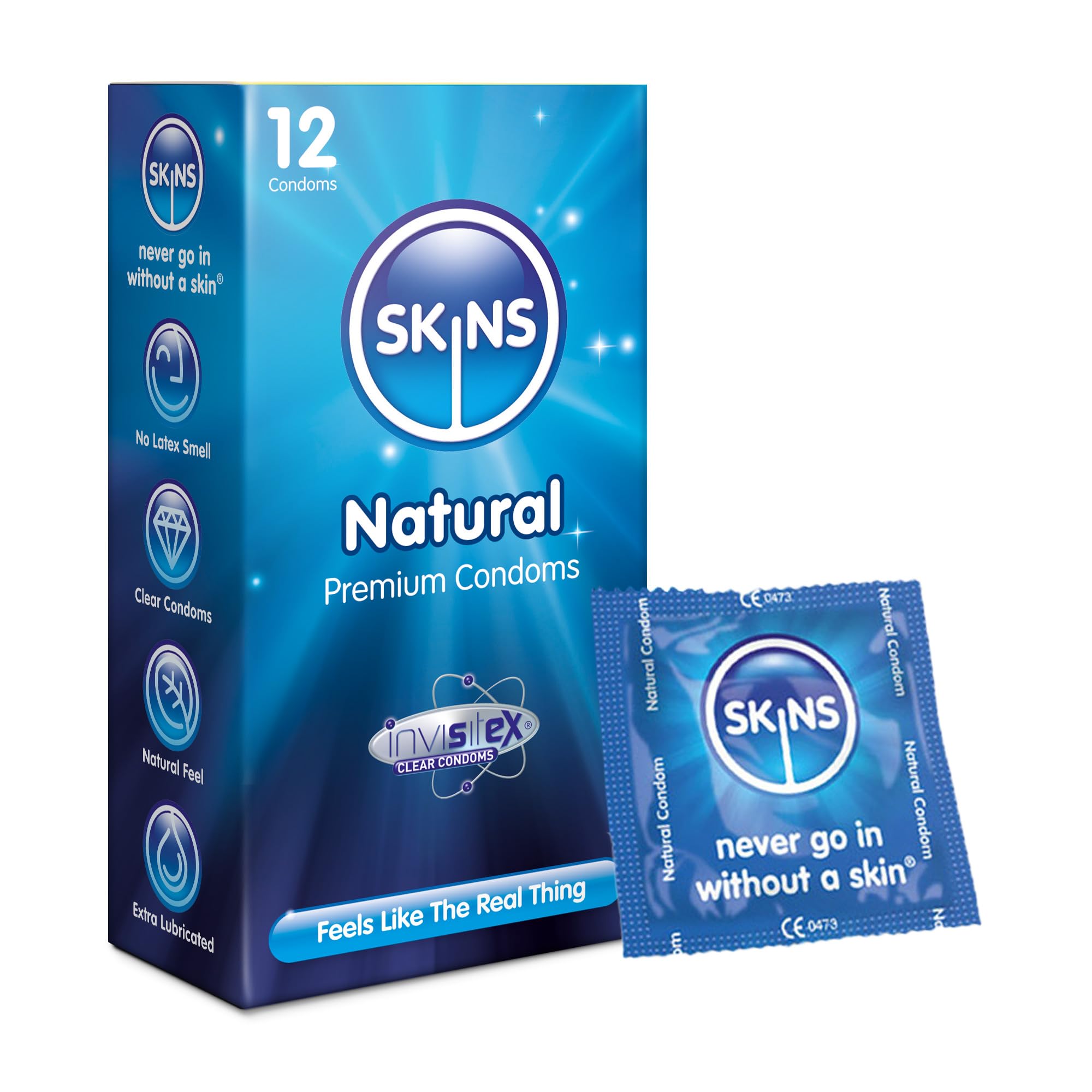Skins Natural Condoms – Natural Latex Condoms Without The Smell, Extra Lubricated to Feel Like The Real Thing – Box of 12