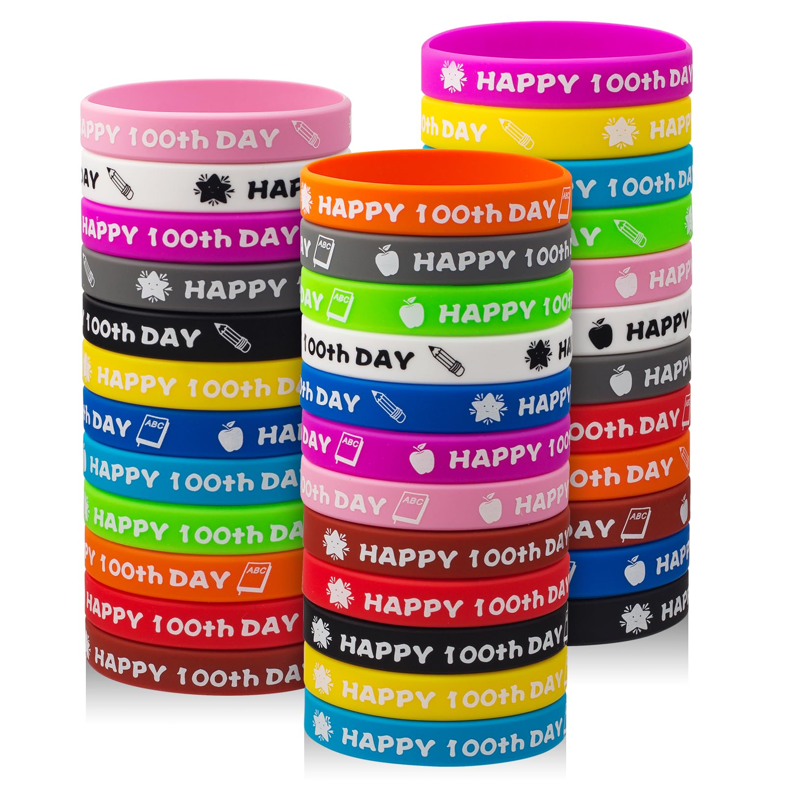 Photo 1 of hexiaoxiao 36PCS Happy 100th Day Bracelets Colorful Silicone Wristbands Cute 100th Day of School Gifts Rubber Bracelets for School Classroom Party Favors Supply Student Rewards