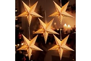 SUNBEAUTY Christmas Paper Stars, Openwork Design 5 Pointed 12 Inch White Color Hanging Paper Star Lanterns, Christmas Decorations Hanging Lamp for Indoor Xmas Tree, Yard, Home Decor Birthday