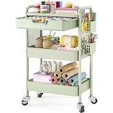 KINGBOARD 3 Tier Metal Rolling Cart with Drawer, Green Utility Storage Cart | 2 Cups &amp; 4 Hooks, Lockable Wheels, Trolley Organizer for Bathroom, Kitchen, Office, Nursery, Dorm, Laundry, Craft Room