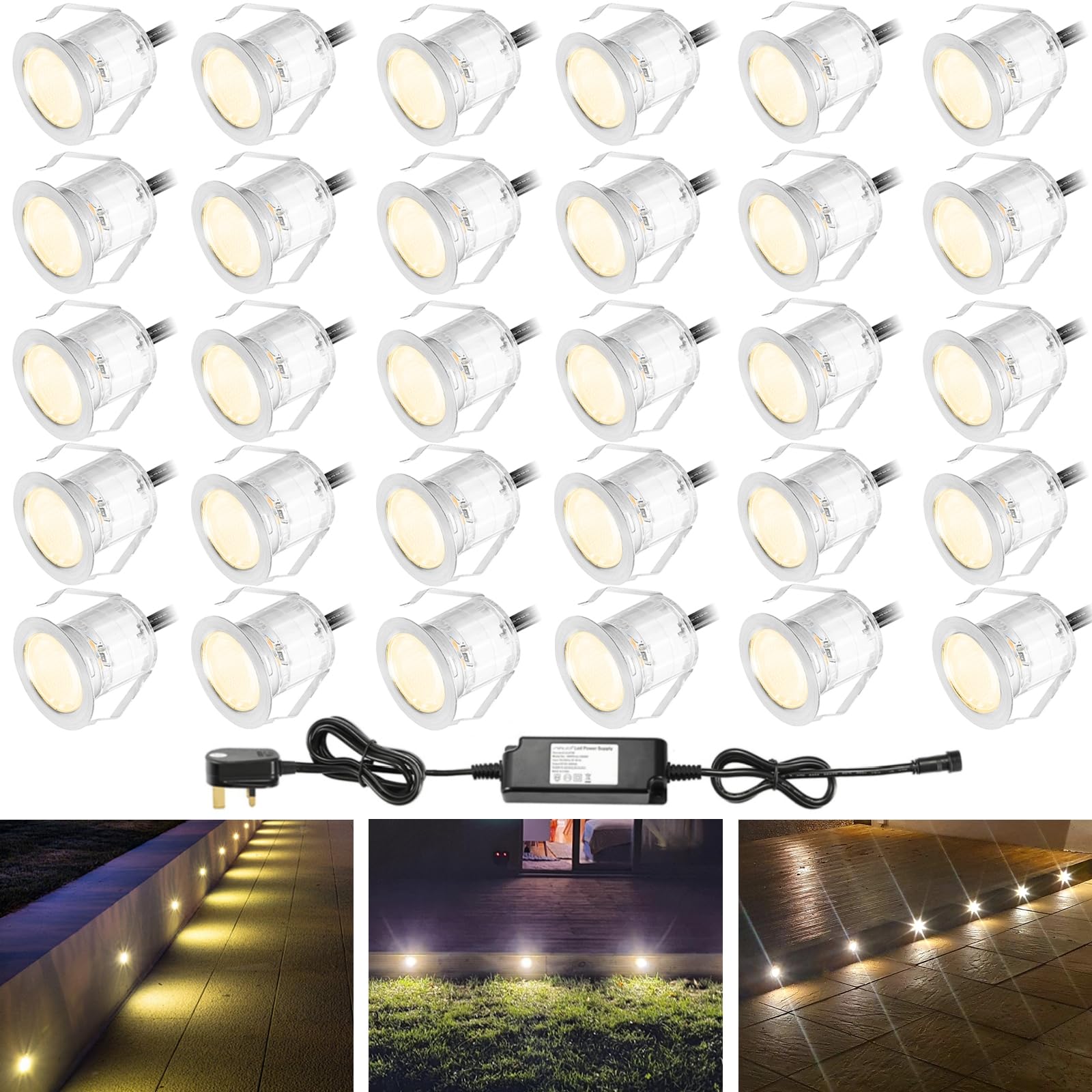 INDARUN Warm White Led Decking Lights Outdoor Waterproof IP67 Ø30MM 12V - Led Plinth Light Kits for Terrace/Patio/Path/Wall/Garden/Decoration, 30 Packs