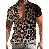 Verdusa Men's Leopard Print Button Down Shirt Short Sleeve Collar V Neck Casual Shirts