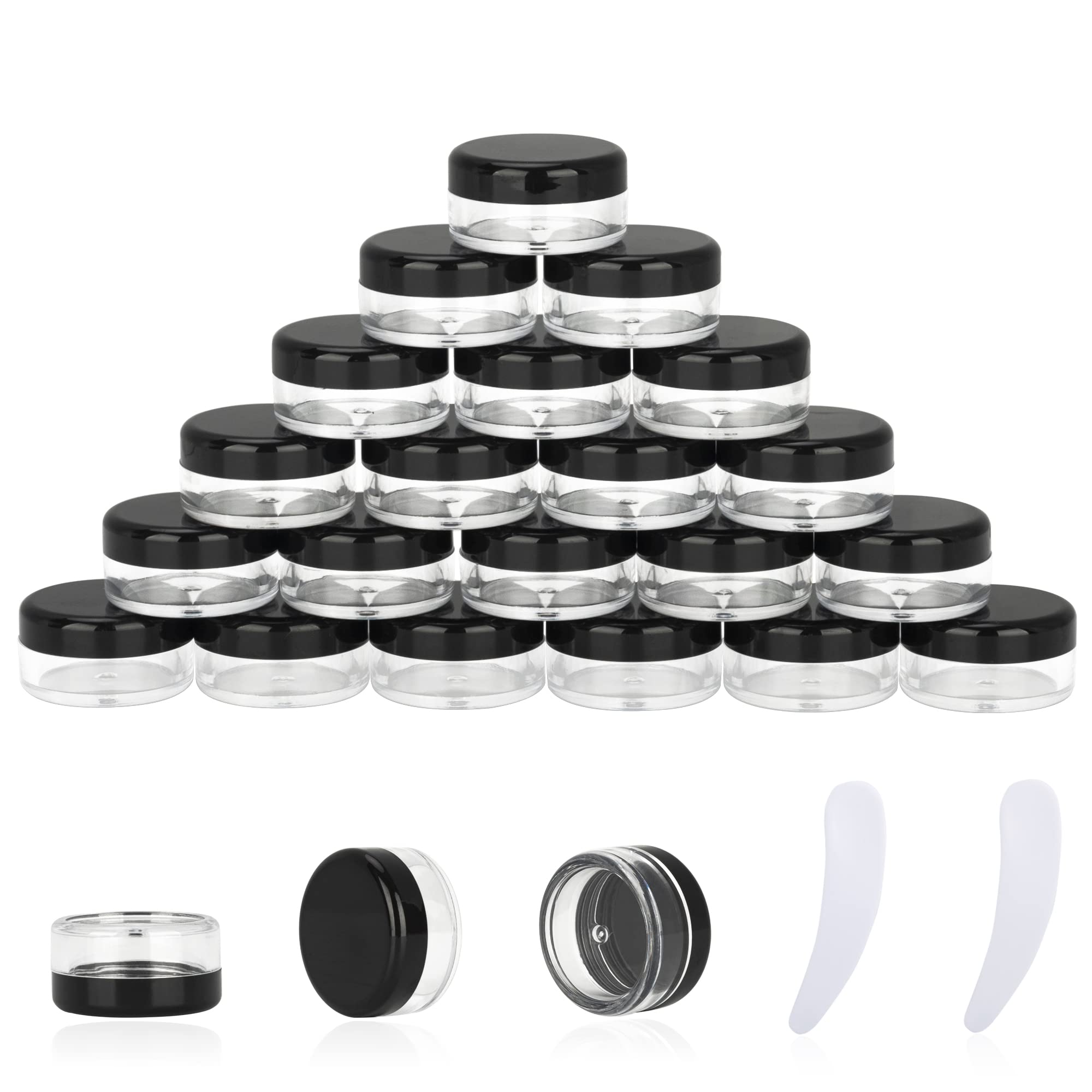 Photo 1 of 25PCS 3 Gram Sample Containers, 3ml Empty Jars with Lids, Small Cosmetic Containers, Mini Sample Jars with 2PCS Mini Spatulas for Make Up, Oils, Lotion, Powder, Paint, Jewelry, Lip Balms(Black Lid)