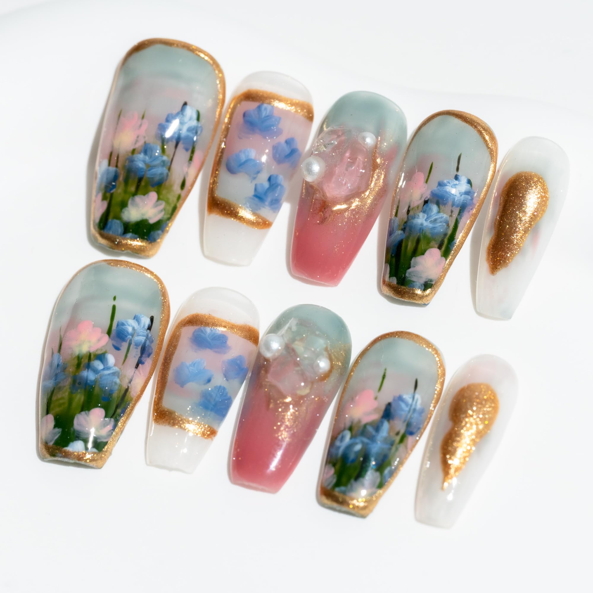 Sun&Beam Nails Handmade Press On Nail Long Coffin Ballerina Painting Gree Acrylic Fake Tip 3D Design Art Charms Cute with Storage Box 10 Pcs (#31 Painting | Green XS) — image 1