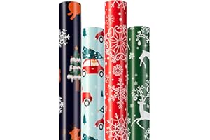 NOVNSOI Christmas Wrapping Paper (4 Rolls: 93 sq. ft. ttl) Funny Candy Santas, Reindeer, Christmas Tree, Snowflakes, Red Car Truck- Christmas Elements Collection - 17 inches x 16.5 feet Per Roll
