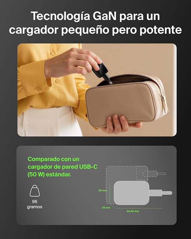 Carregador USB C com 2 portas, 50W, carregador múltiplo GAN com duas portas Tipo C, ficha de carregamento rápido para MacBook, iPhone 17, iPad Pro, Chromebook, Samsung Galaxy S25 Ultra e Pixel 10 - Preto