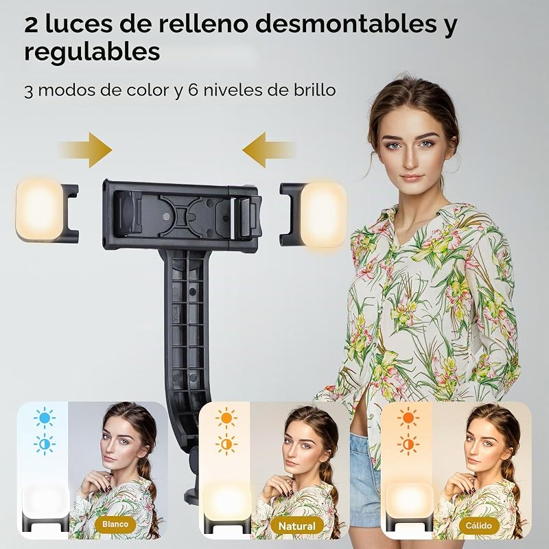 Tripé para selfies para telemóvel com 2 luzes, tripé móvel extra comprido de 116 cm com comando remoto destacável, compatível com a maioria dos iPhones, Samsung e telemóveis Android
