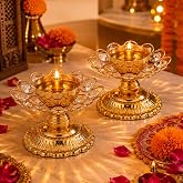 Yungyan 2 Pcs Brass Akhand Diya Oil Lamp Diwali Indian Crystal Oil Holder | Traditional Indian Puja Pooja Prayer Room Decor, Virgin Brass Metal, Home Temple Mandir Decor Diwali Housewarming Gifts